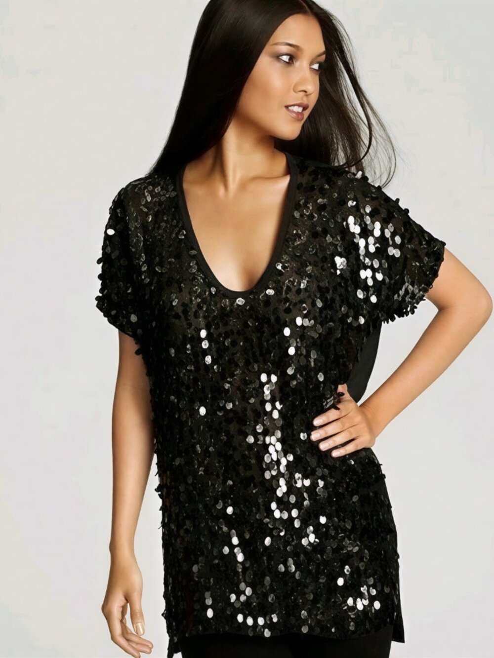 EUC BCBGMaxAzria black tonal disc sequin accented tunic top, M